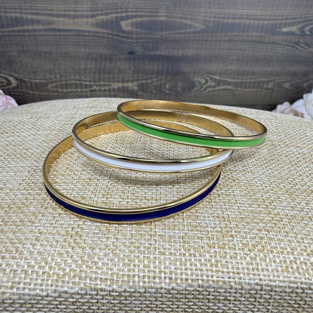 Napier Signed Gold Tone Enamel Bangle Bracelet Set of 3 Green White Navy Size 8